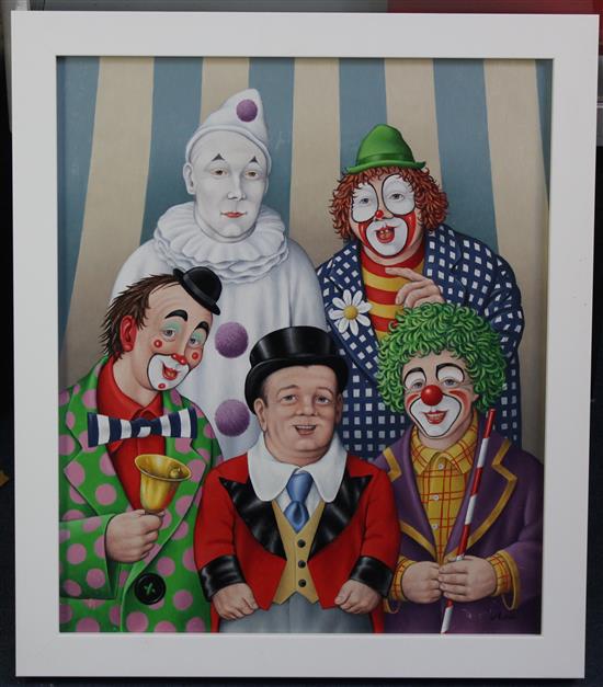 Fred Aris (1932-1995) Circus clowns and ringmaster, 19.5 x 16.5in.